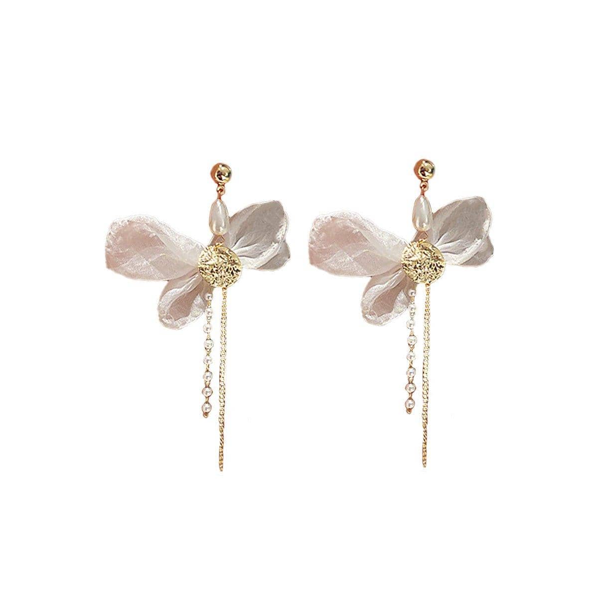 White Flower Long Drop Earrings for Women, White and Gold - view 2
