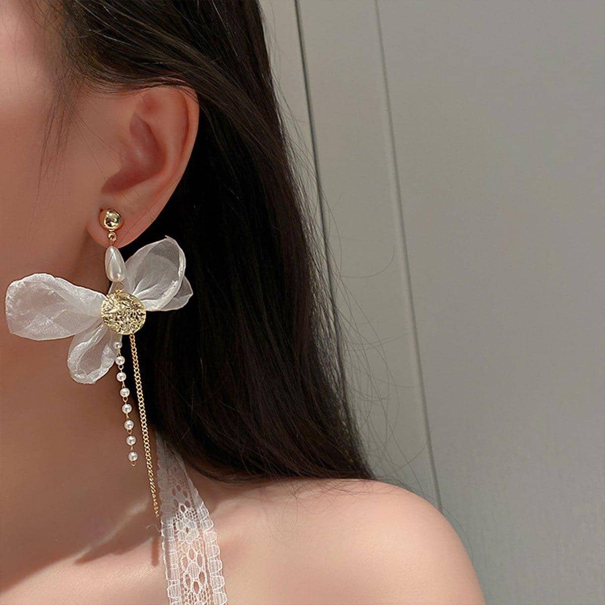 White Flower Long Drop Earrings for Women, White and Gold - view 4