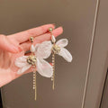 White Flower Long Drop Earrings for Women, White and Gold - view 5