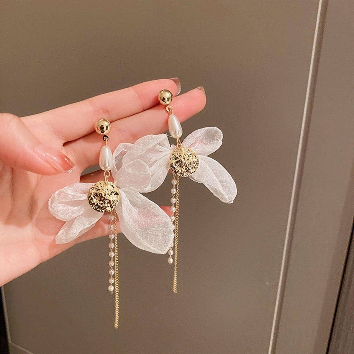 White Flower Long Drop Earrings for Women, White and Gold - view 5
