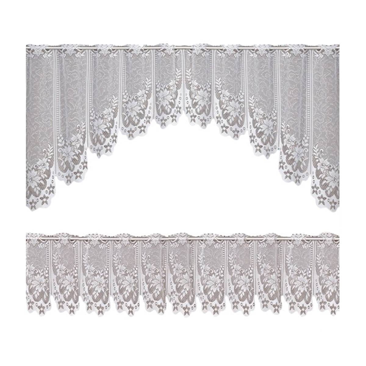 White Lace Window Curtains, 2-Piece Tier Set - Three Flowers