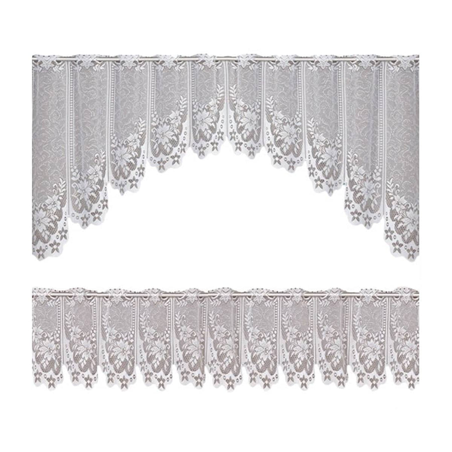 White Lace Window Curtains, 2-Piece Tier Set - Three Flowers