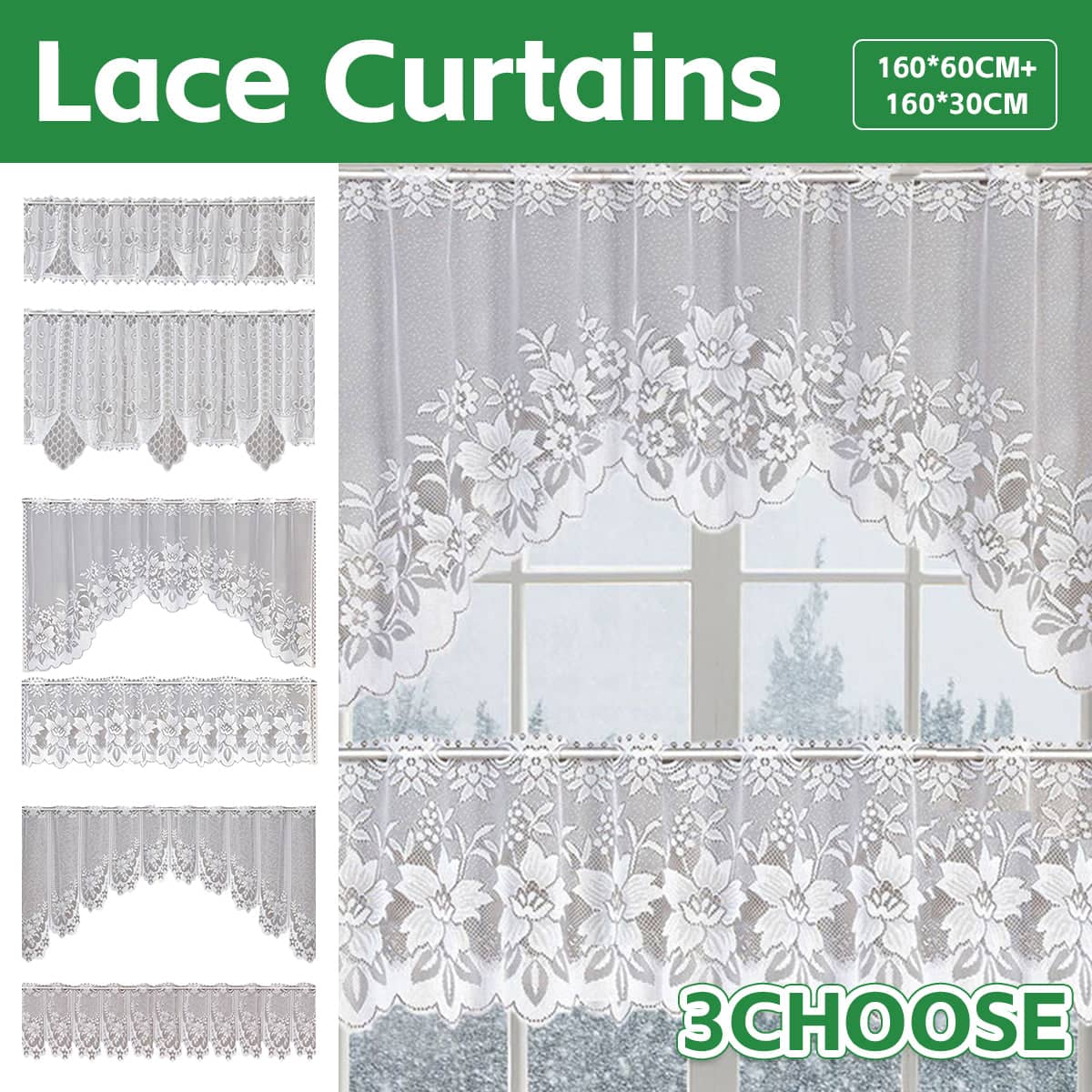 White Lace Window Curtains, 2-Piece Tier Set - Three Flowers - view 2
