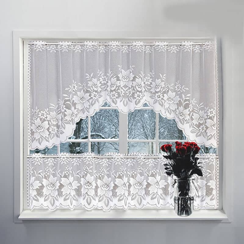 White Lace Window Curtains, 2-Piece Tier Set - Three Flowers - view 4