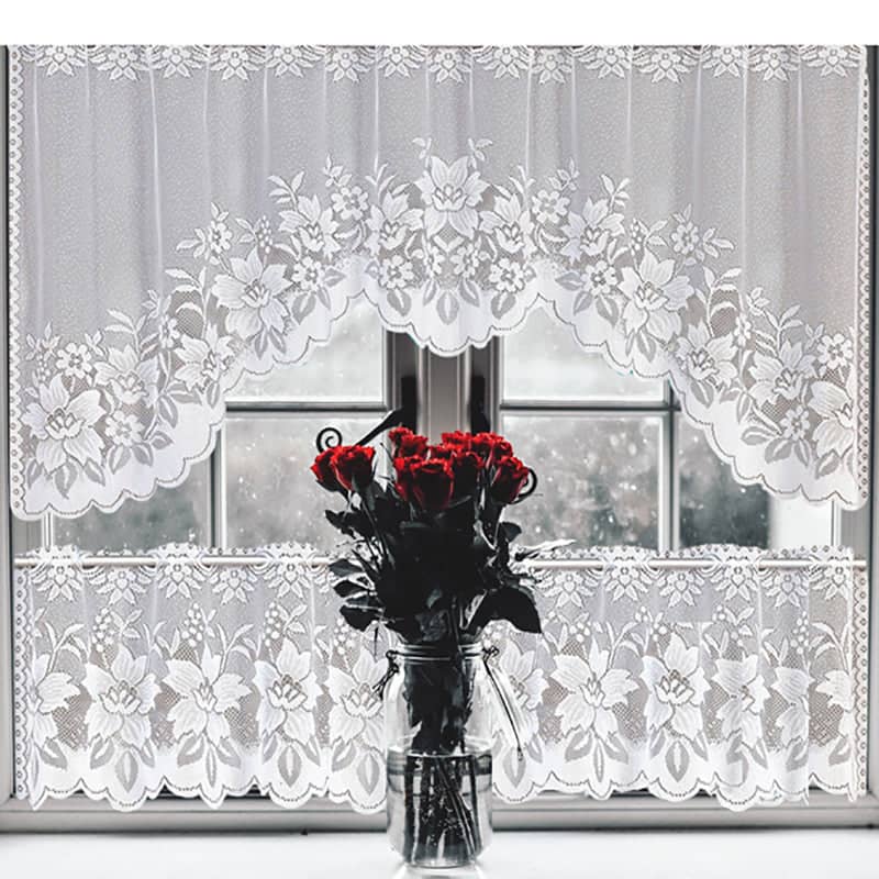 White Lace Window Curtains, 2-Piece Tier Set - Three Flowers - view 5