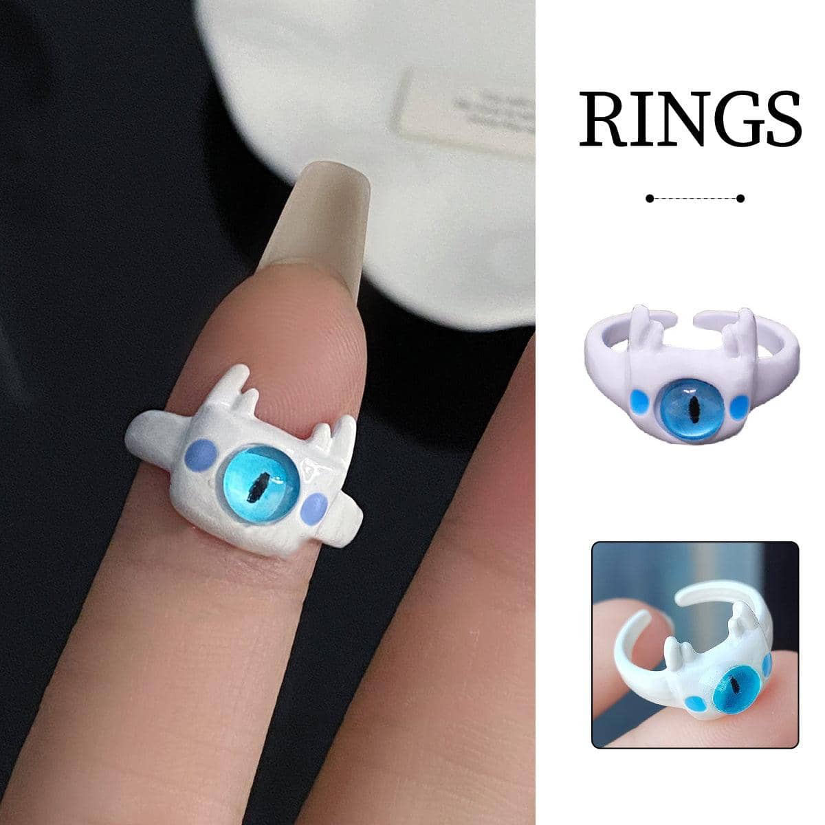 White Monster Eye Open Ring with Blue Eye