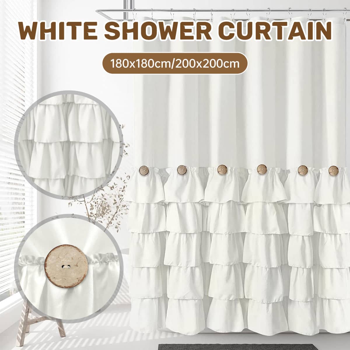 White Ruffled Shower Curtain, Waterproof and Mildew Resistant with 12 Hooks - 200 x 200 cm - view 2