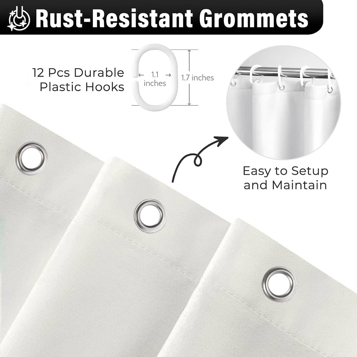 White Ruffled Shower Curtain, Waterproof and Mildew Resistant with 12 Hooks - 200 x 200 cm - view 4