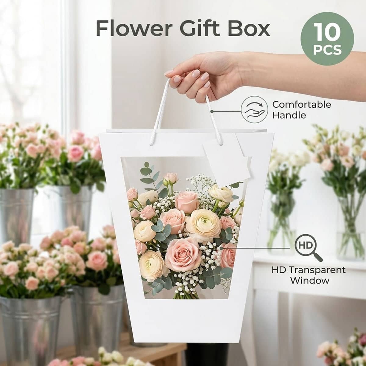 White Window Flower Gift Bags, Pack of 10 - Large, 17 x 17 x 36 cm - view 2