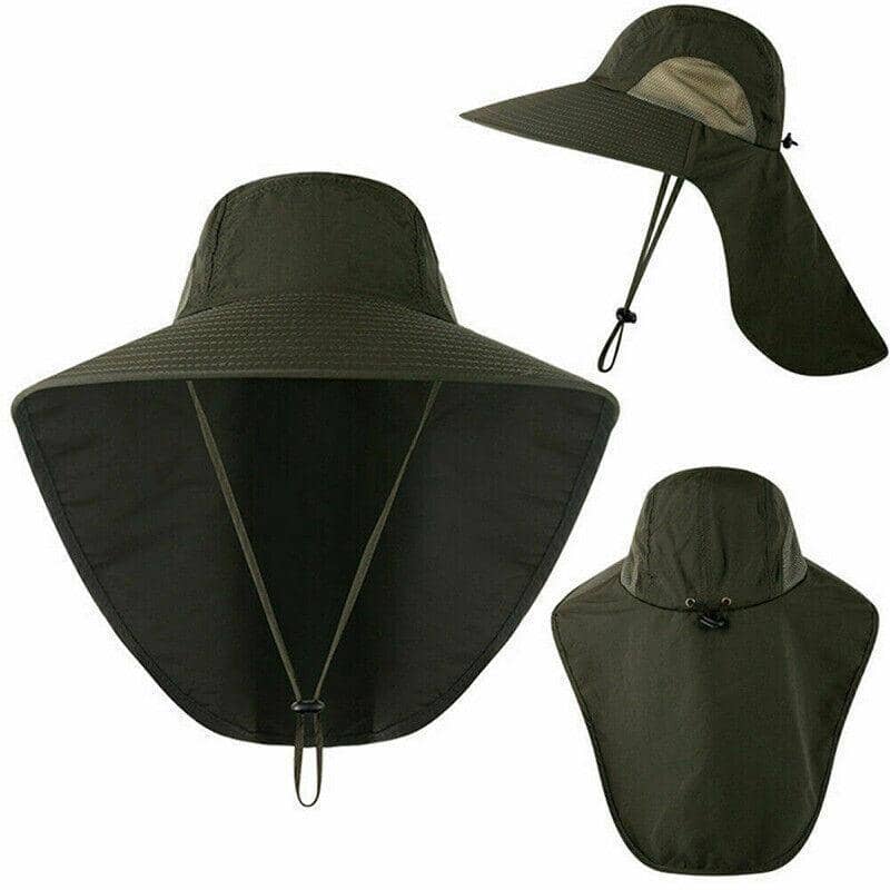 Wide Brim Fishing Hat with Neck Flap and Sun Protection - Army Green