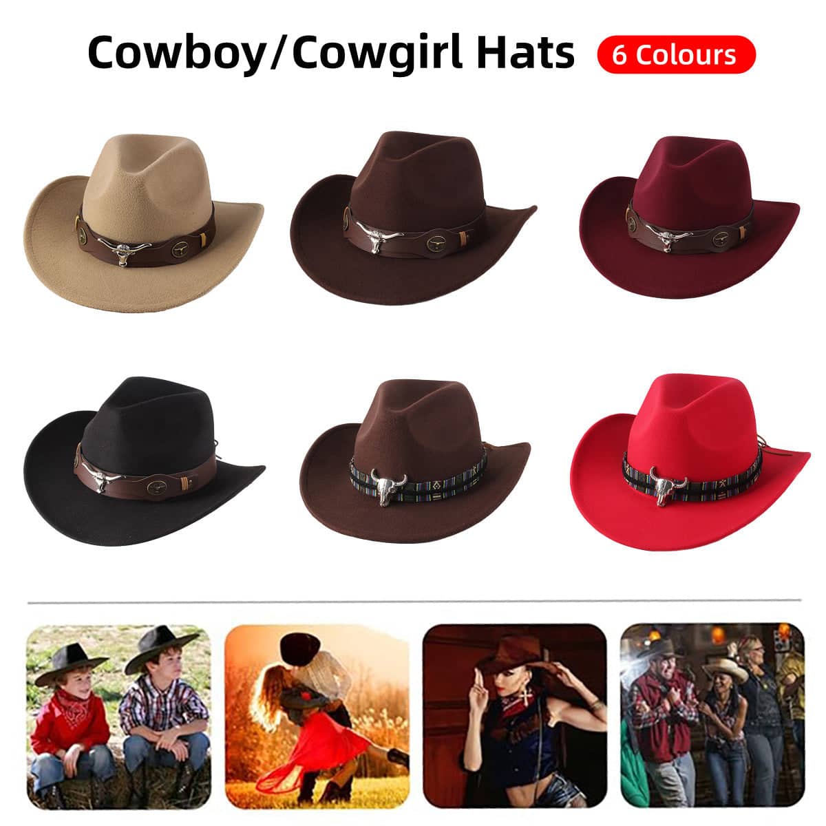 Wide Brim Western Cowboy Hat - Black with Longhorn Band - view 2