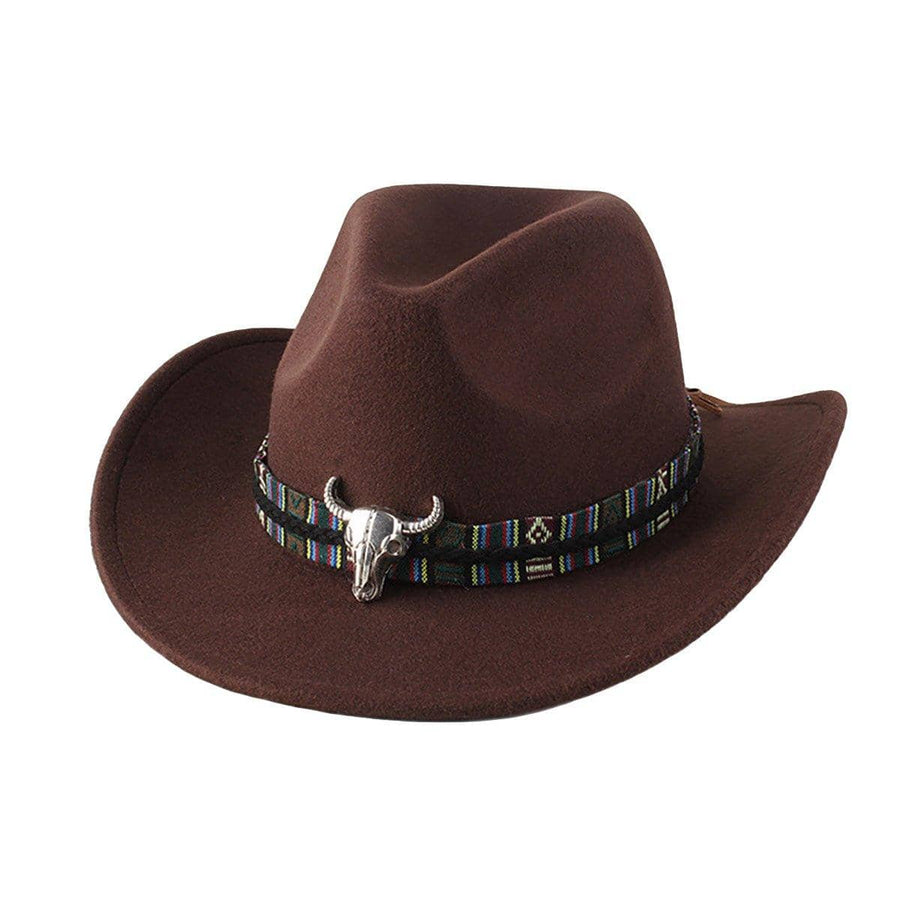 Wide Brim Western Cowboy Hat - Coffee with Woven Band