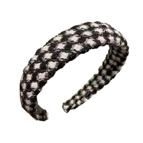Wide Padded Plaid Headband for Women - Black