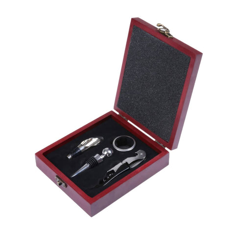 Wine Opener Set, 4 Piece Stainless Steel - Dark Red Wooden Box