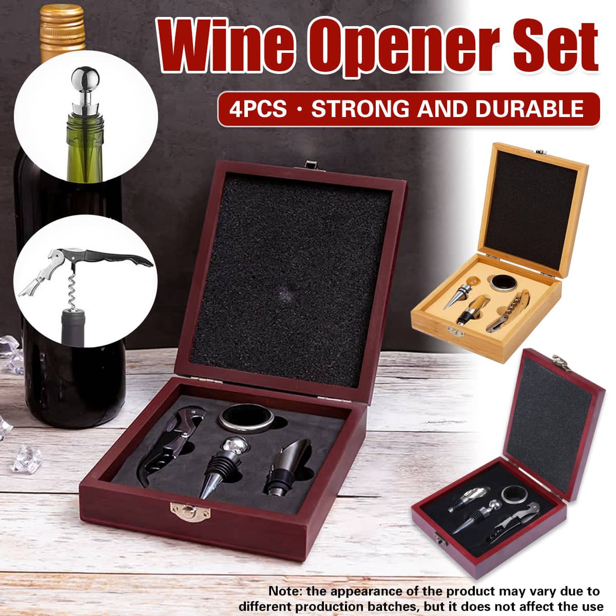 Wine Opener Set, 4 Piece Stainless Steel - Dark Red Wooden Box - view 2