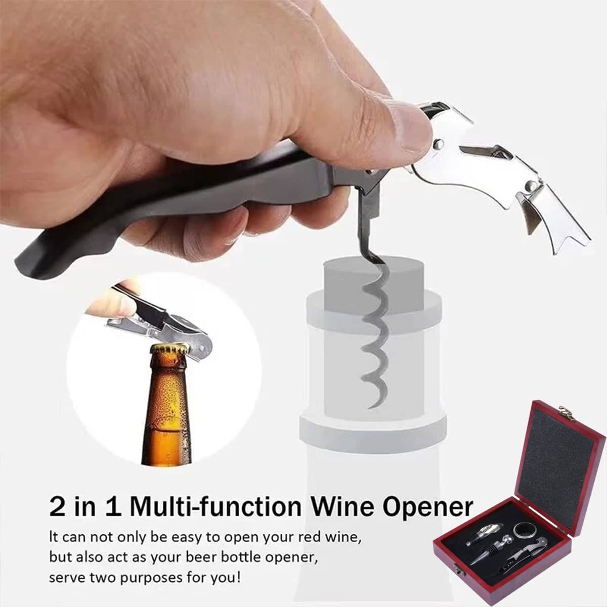 Wine Opener Set, 4 Piece Stainless Steel - Dark Red Wooden Box - view 5
