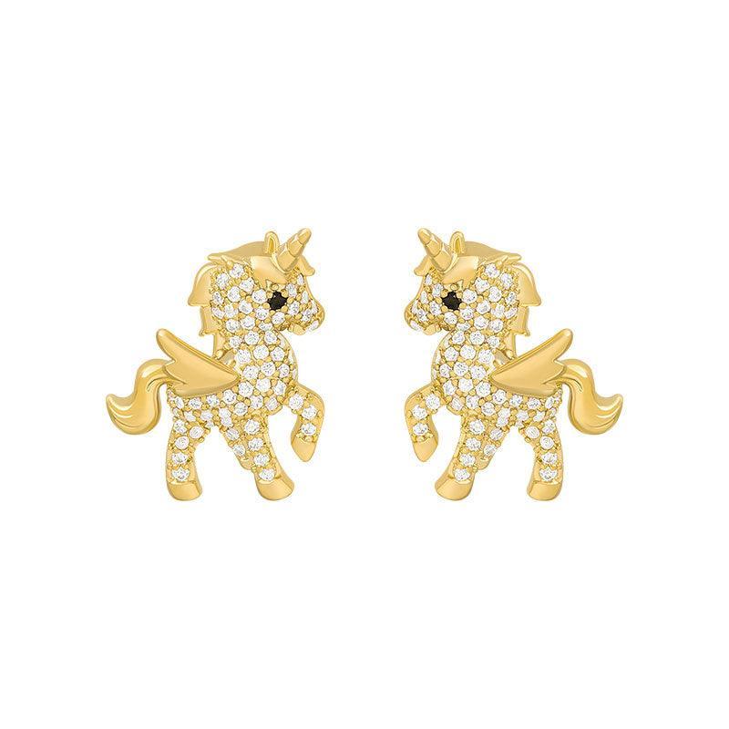 Winged Unicorn Stud Earrings for Women - Gold-Tone with Sparkling Stones