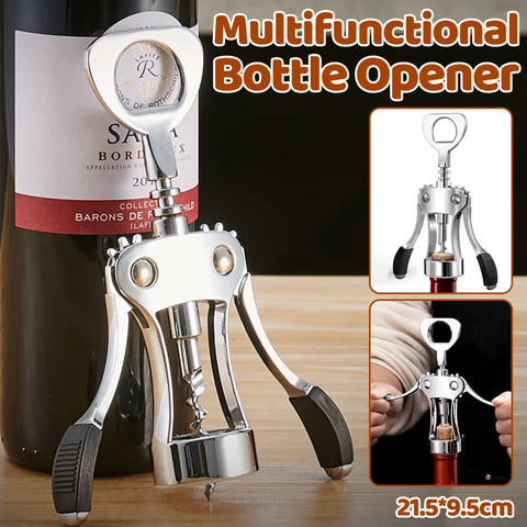 Winged Wine Corkscrew Bottle Opener with Crown Cap Lifter, Zinc Alloy, Silver