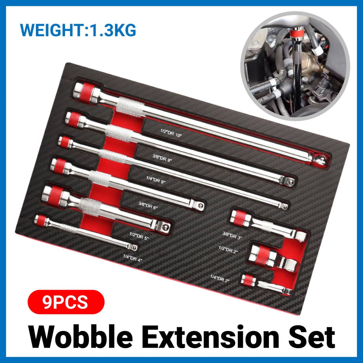 Wobble Extension Bar Set, 9-Piece, Chrome Vanadium Steel
