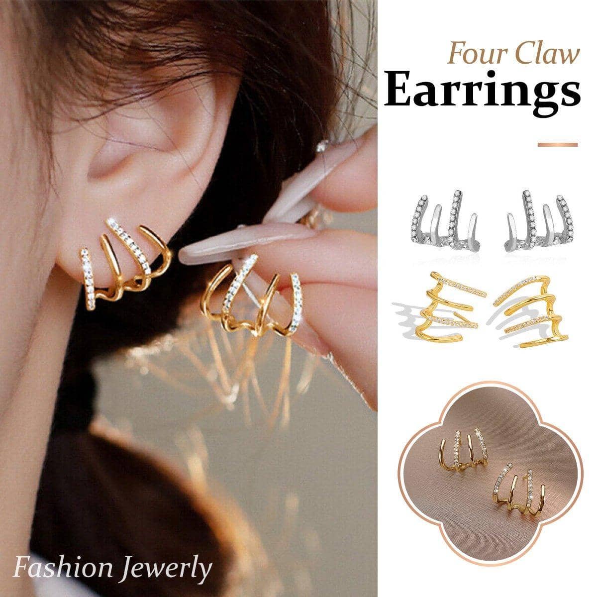 Women Four Claw Stud Earrings Alloy Elegant Jewellery - Gold - view 2