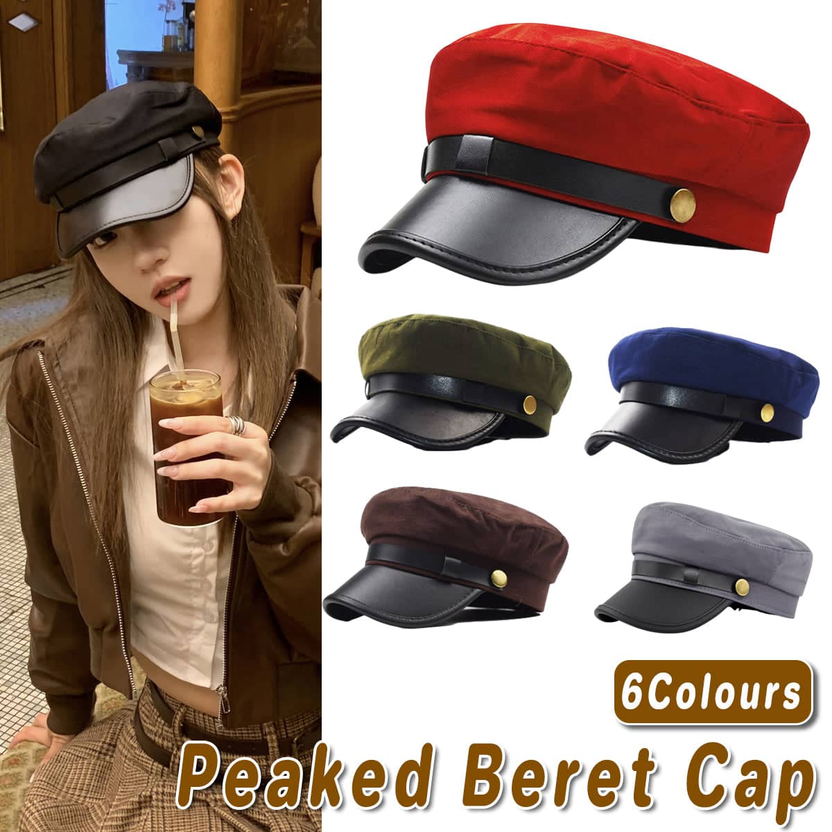 Women's Beret Cap with PU Leather Visor - Red - view 2