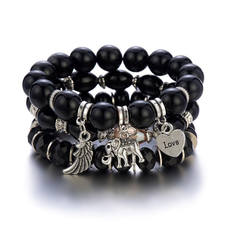 Women's Boho Beaded Charm Bracelet Set of 3 - Black