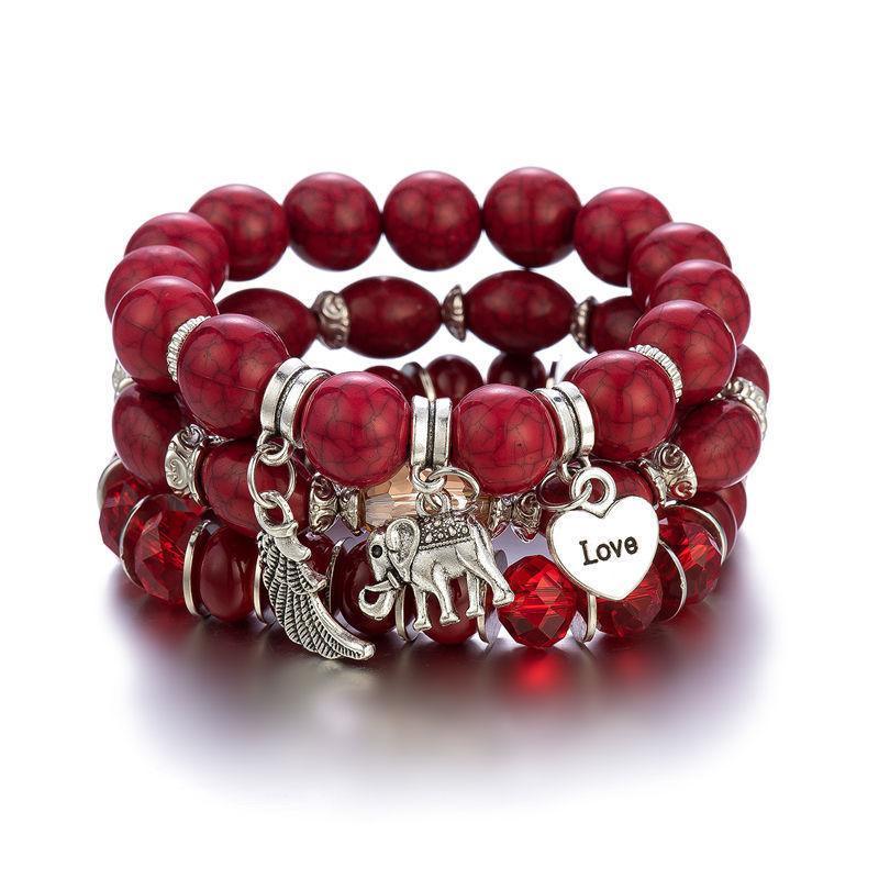 Women's Boho Beaded Charm Bracelet Set of 3 - Red