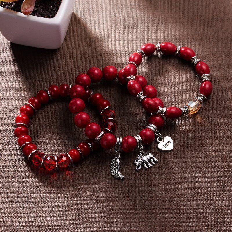 Women's Boho Beaded Charm Bracelet Set of 3 - Red - view 4