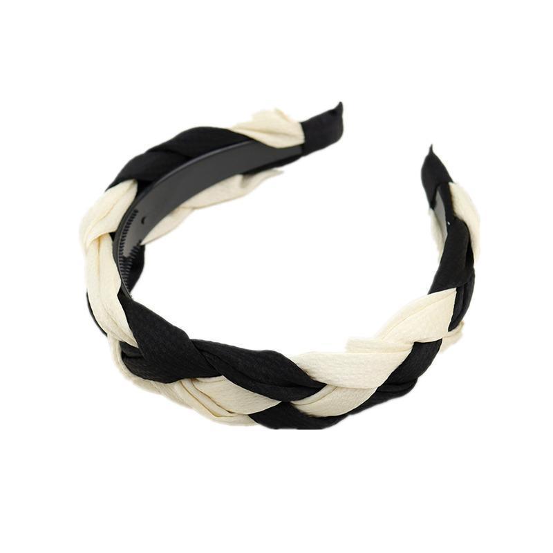 Women's Braided Fabric Headband, Wide Plaited Hair Band - Black and Cream