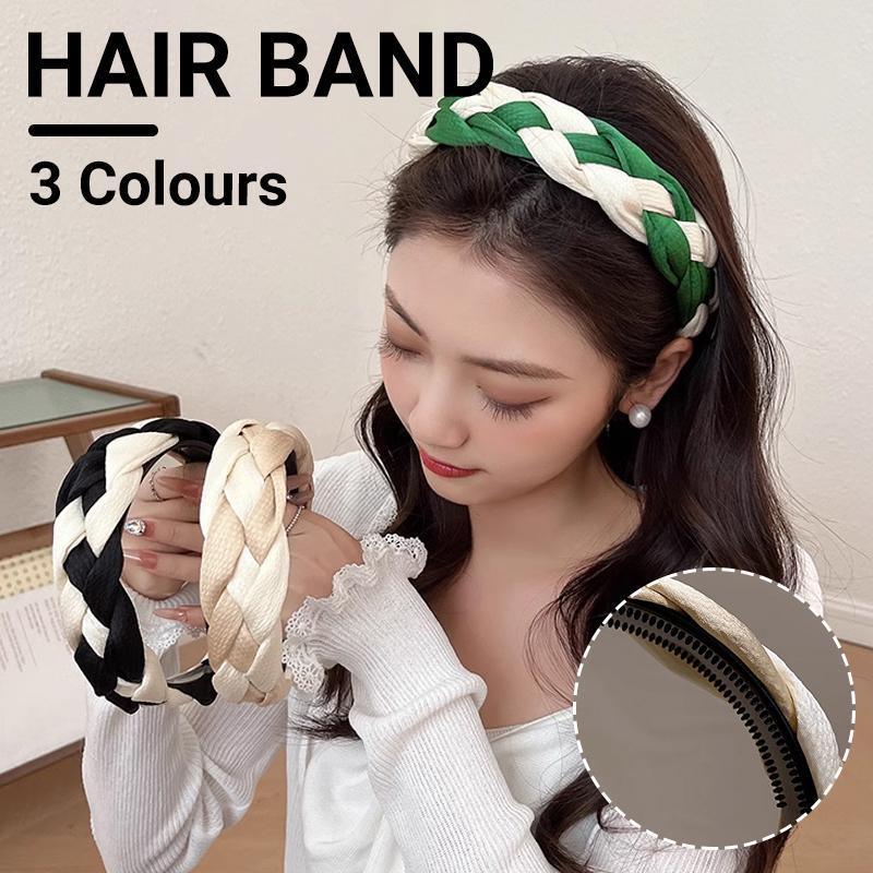 Women's Braided Fabric Headband, Wide Plaited Hair Band - Black and Cream - view 2