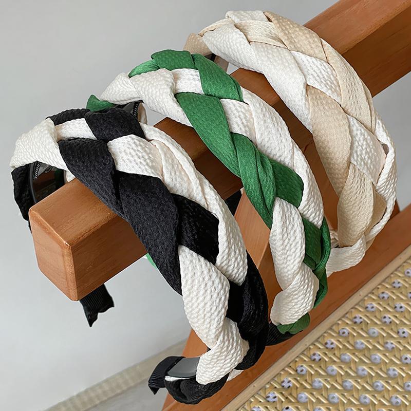 Women's Braided Fabric Headband, Wide Plaited Hair Band - Black and Cream - view 3