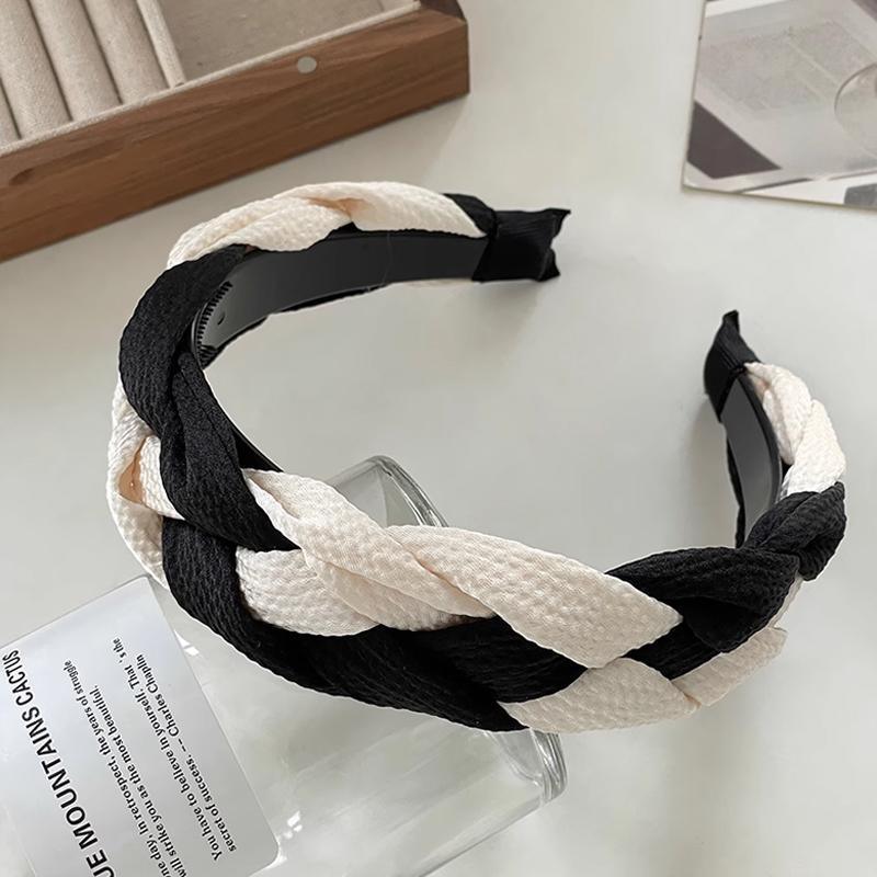 Women's Braided Fabric Headband, Wide Plaited Hair Band - Black and Cream - view 4