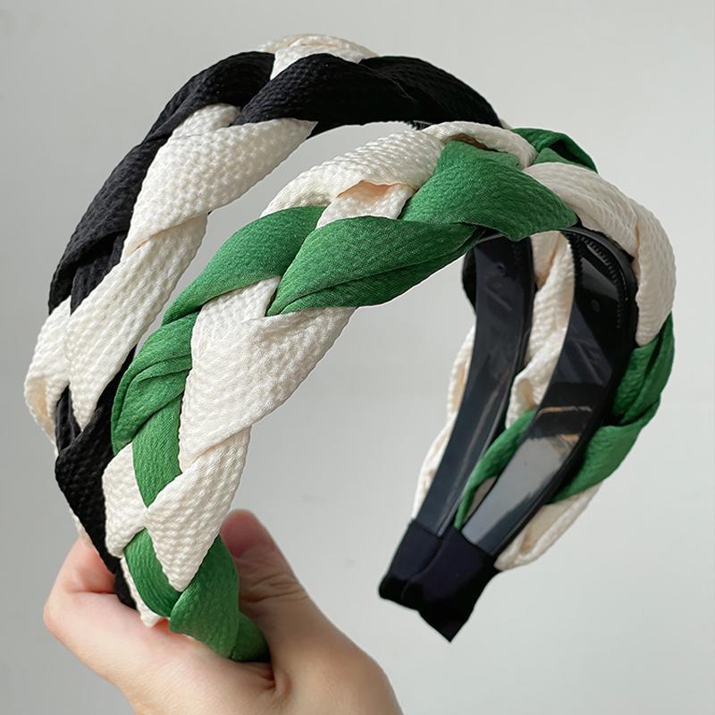 Women's Braided Fabric Headband, Wide Plaited Hair Band - Black and Cream - view 5