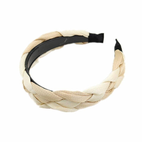 Women's Braided Fabric Headband, Wide Plaited Hair Band - Cream and Beige