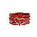 Women's Leather Wrap Bracelet with Love Heart Charms - Big Red