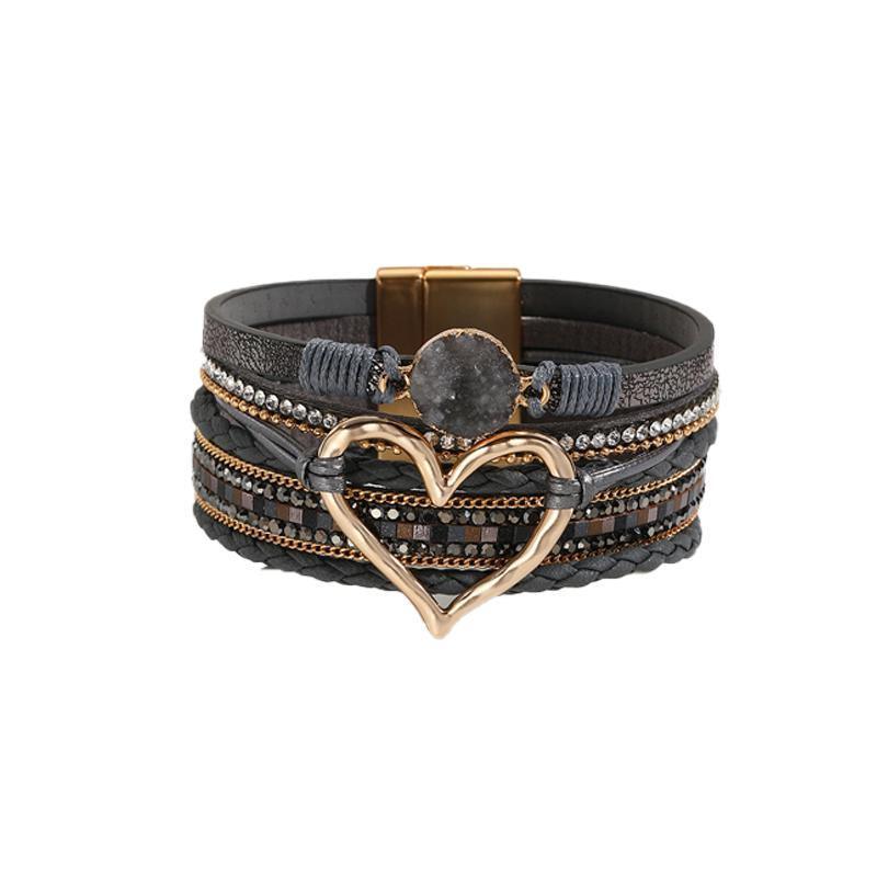 Women's Leather Wrap Bracelet with Love Heart Charms - Grey