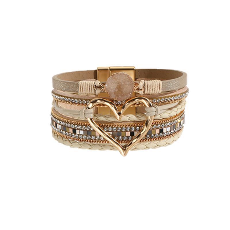Women's Leather Wrap Bracelet with Love Heart Charms - Khaki