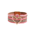 Women's Leather Wrap Bracelet with Love Heart Charms - Pink