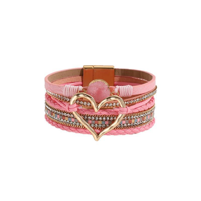 Women's Leather Wrap Bracelet with Love Heart Charms - Pink
