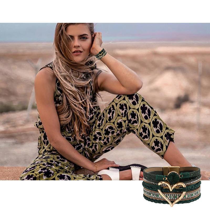Women's Leather Wrap Bracelet with Love Heart Charms - Pink - view 5