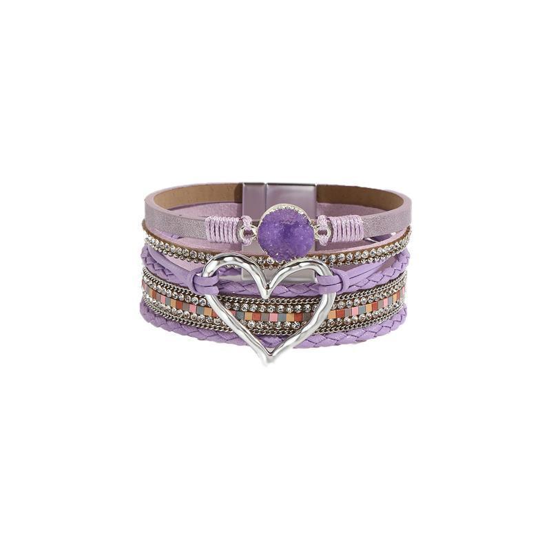 Women's Leather Wrap Bracelet with Love Heart Charms - Purple
