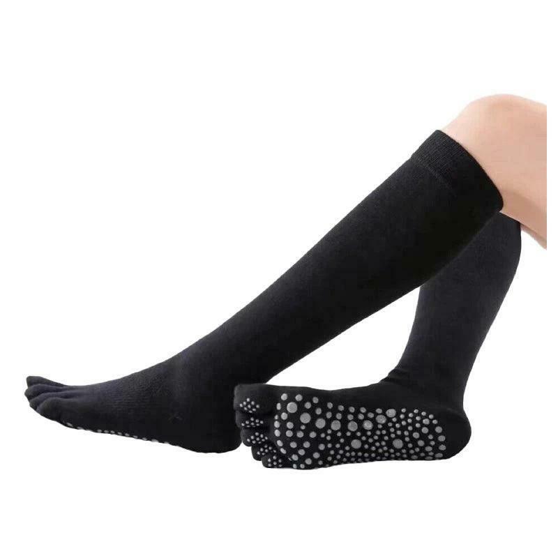 Women's Long Five-Toe Pilates Socks with Non-Slip Grip - Black, Medium (75 cm Long)