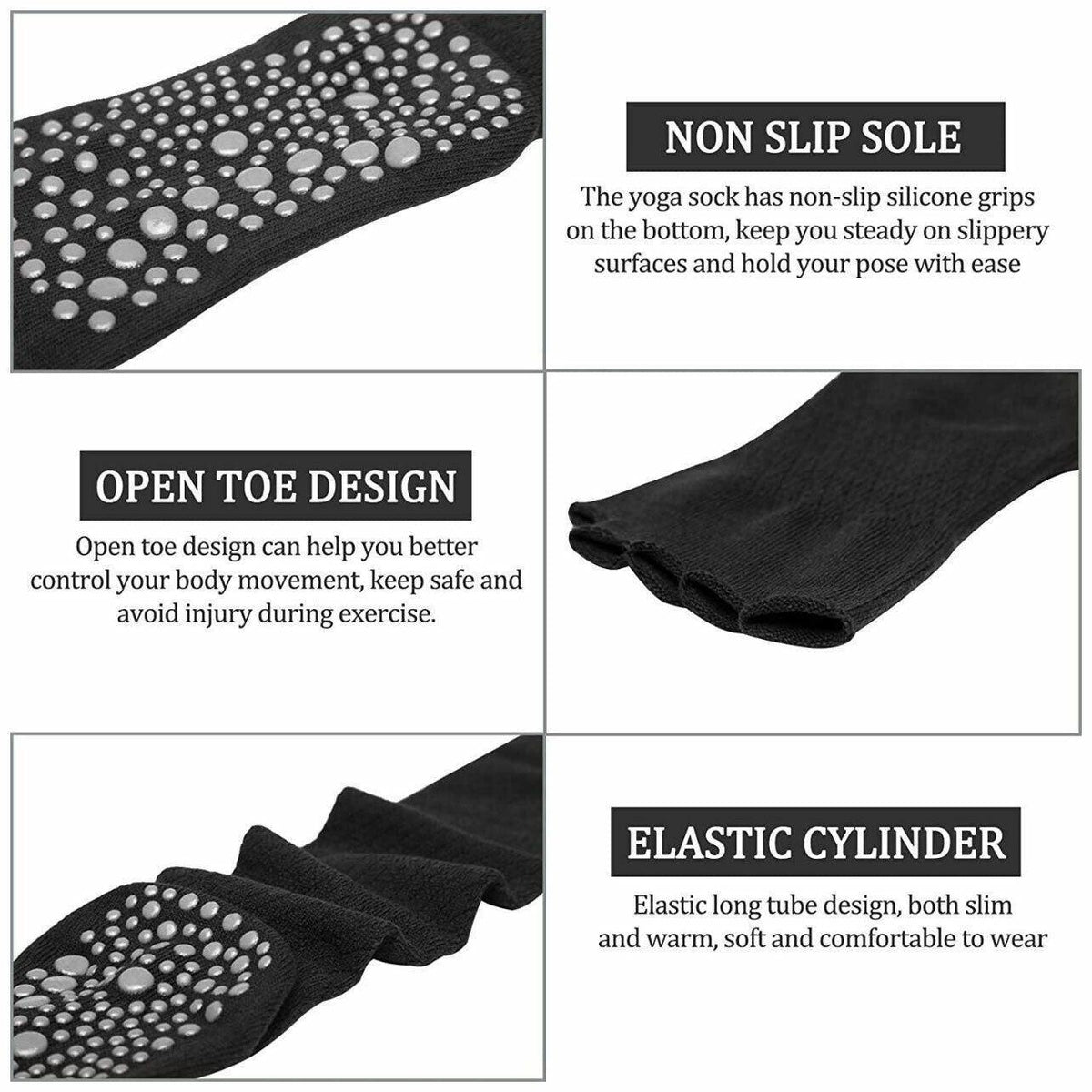 Women's Long Five-Toe Pilates Socks with Non-Slip Grip - Black, Medium (75 cm Long) - view 12