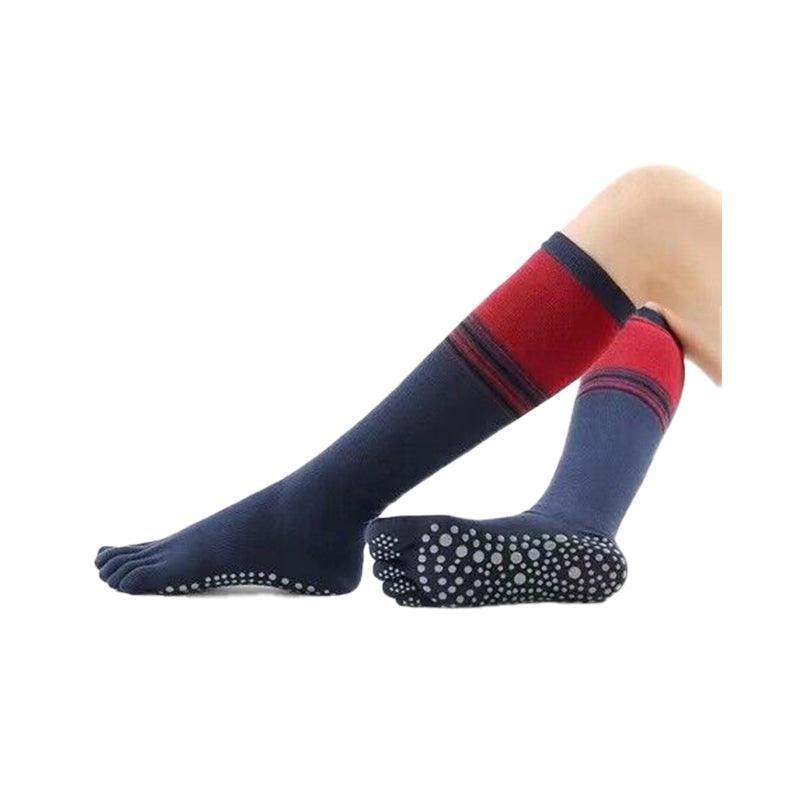 Women's Long Five-Toe Pilates Socks with Non-Slip Grip - Navy Blue and Red, Medium (75 cm Long)