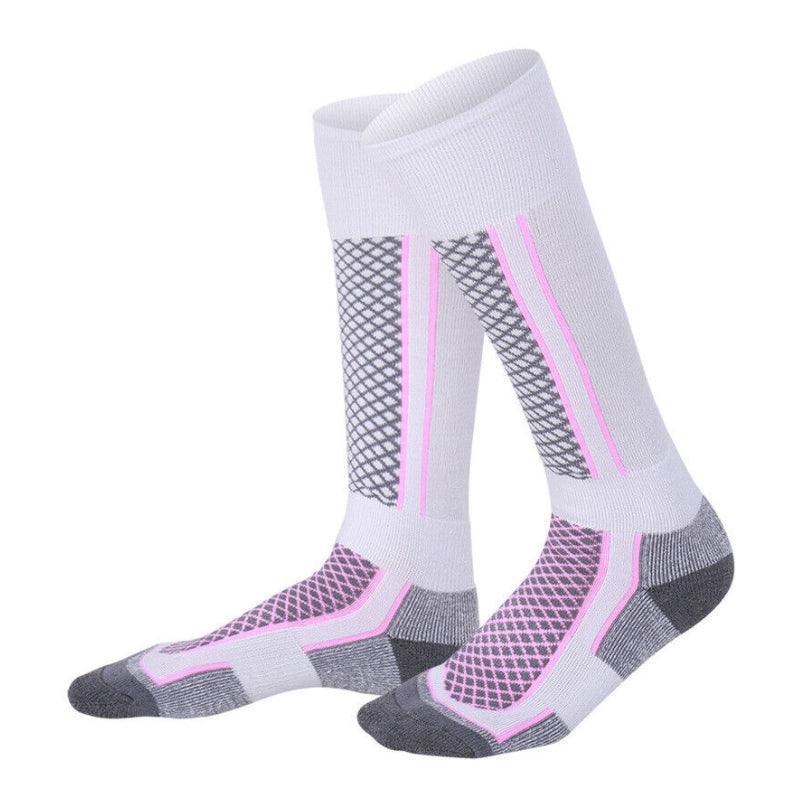 Women's Long Warm Ski Socks, Breathable Winter Sports - Pink and White 33-39