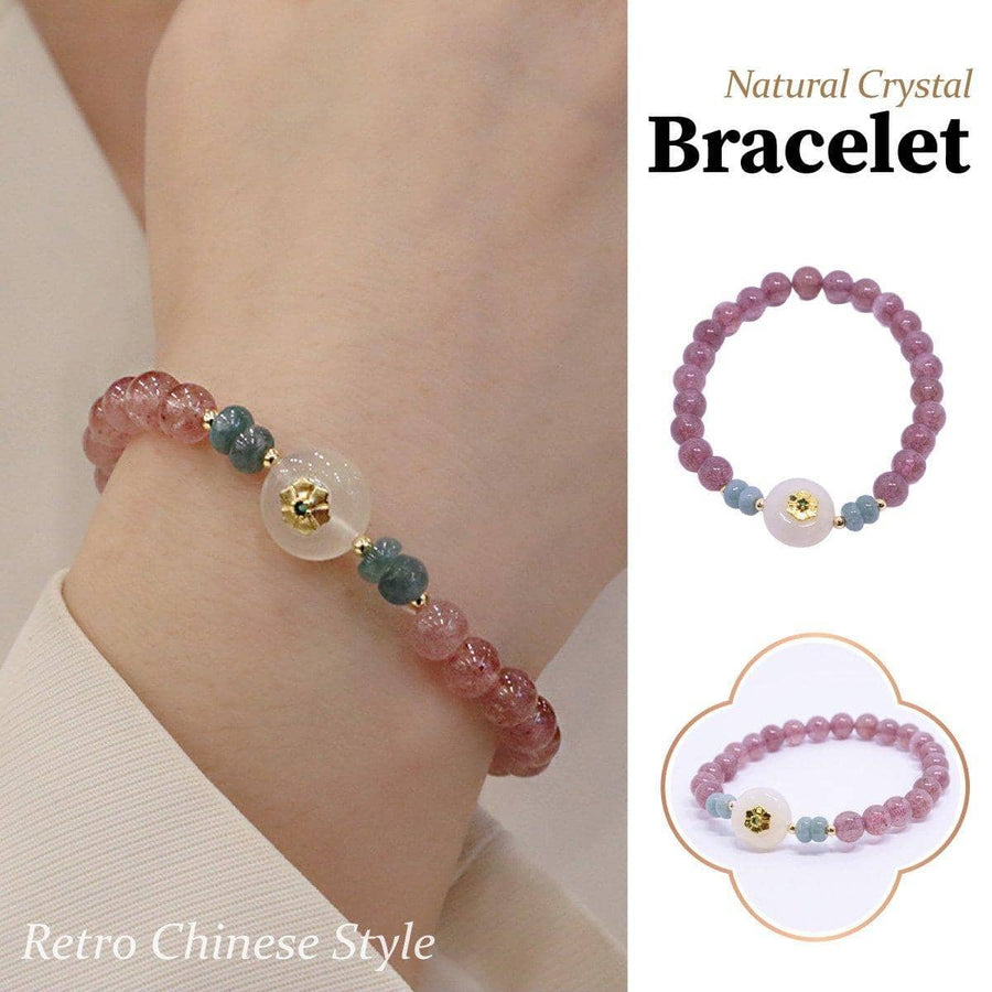 Women's Natural Strawberry Crystal Bracelet with Gold Flower Centrepiece