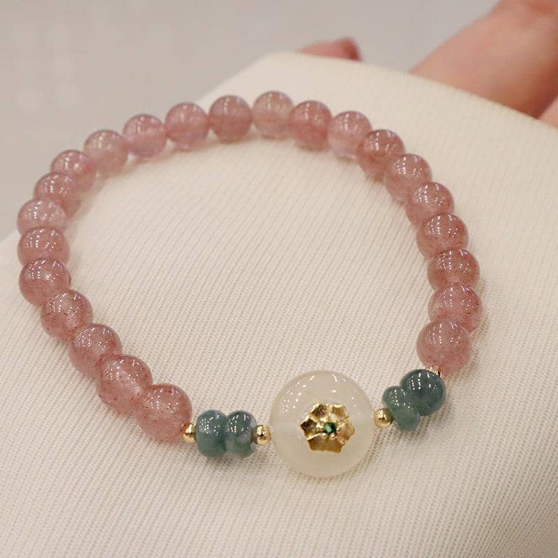 Women's Natural Strawberry Crystal Bracelet with Gold Flower Centrepiece - view 4