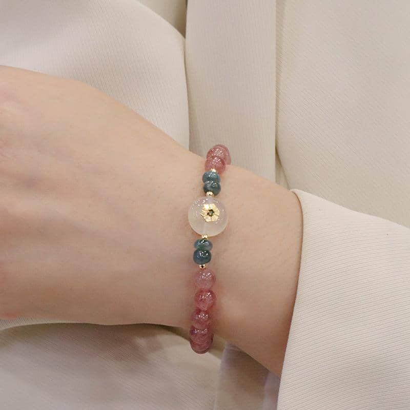 Women's Natural Strawberry Crystal Bracelet with Gold Flower Centrepiece - view 5