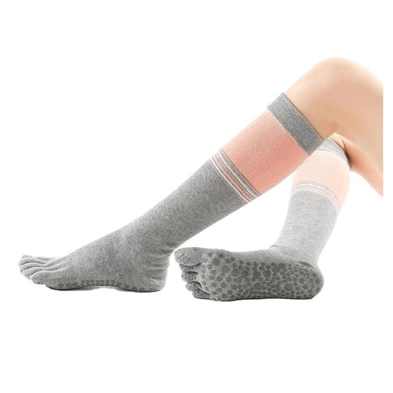 Women's Pilates Grip Socks, Anti-Slip Yoga Socks - Long Pink Light Grey