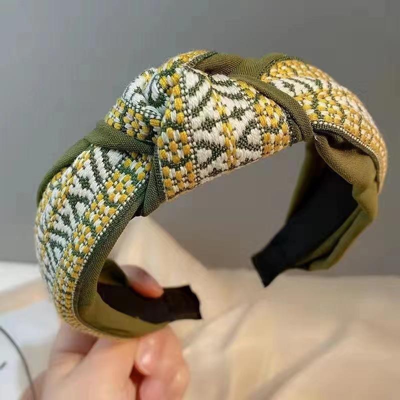 Women's Retro Boho Embroidered Cotton Wide Headband Head Wrap - Black - view 13